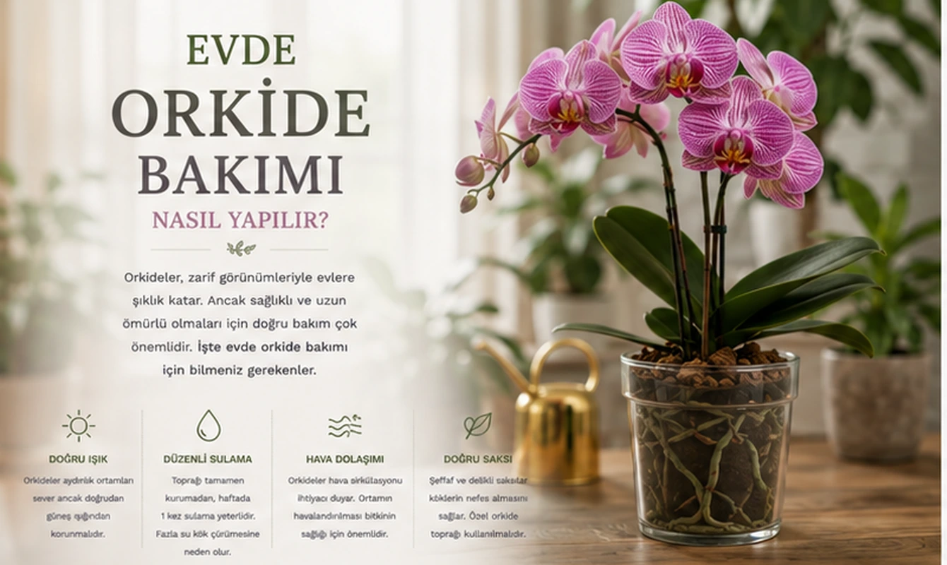 Şeffaf saksıda kökleri görünen sağlıklı bir Phalaenopsis orkide